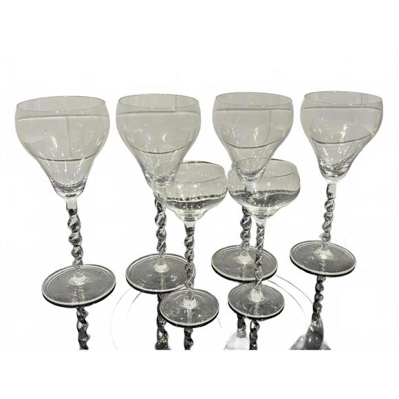 Vintage Handblown Twisted Stem Crystal Wine & Coupe Glasses Bohemia European 6pc - Picture 3 of 7